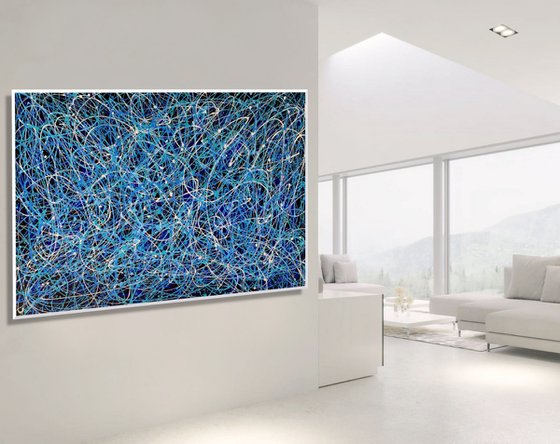 Blue Elegance- XL LARGE, VIBRANT, MODERN DRIP PAINTING – EXPRESSIONS OF ENERGY AND LIGHT. READY TO HANG!