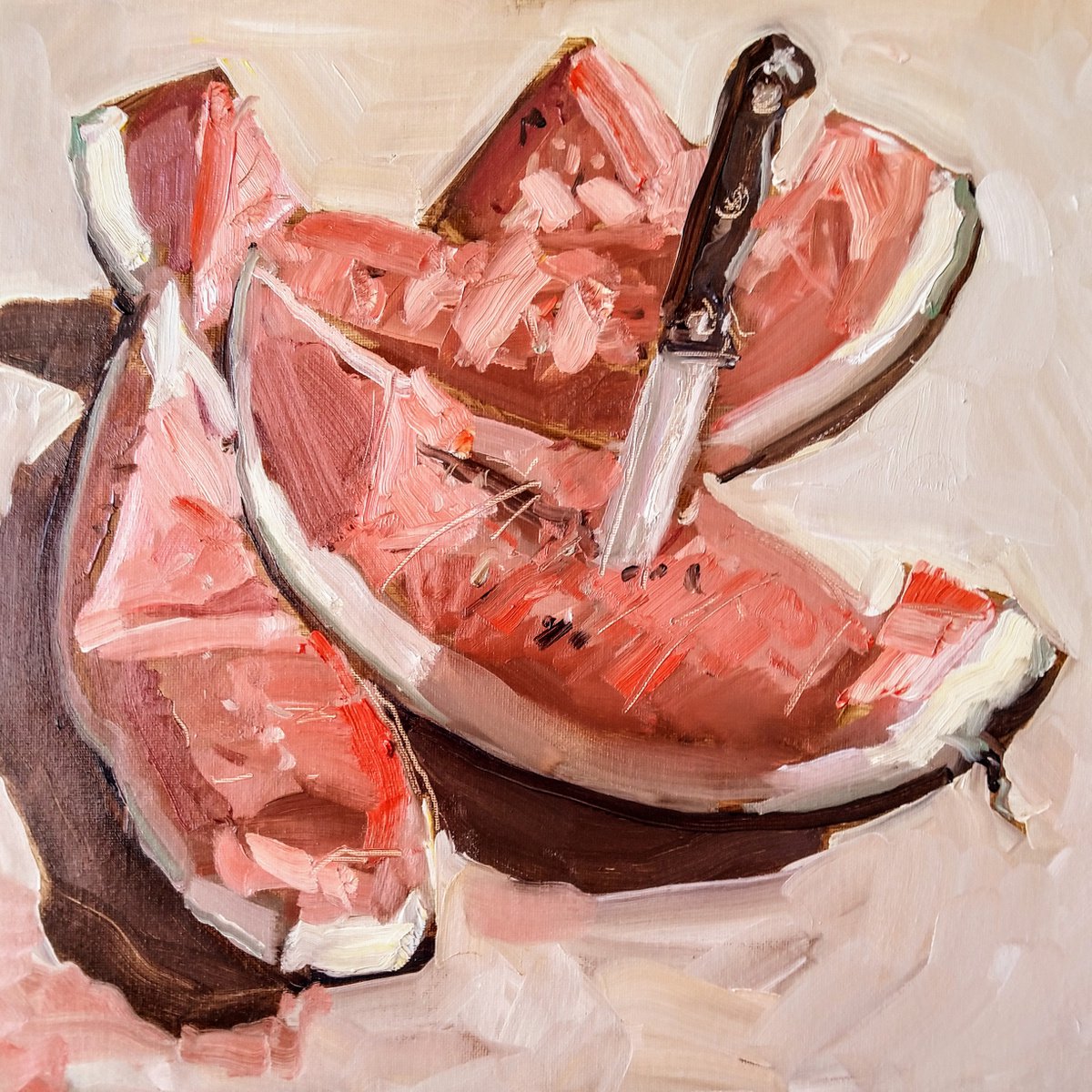 Watermelon And Knife By Sebastian Beianu, 16 X 16, Artwork For Sale On Artfinder