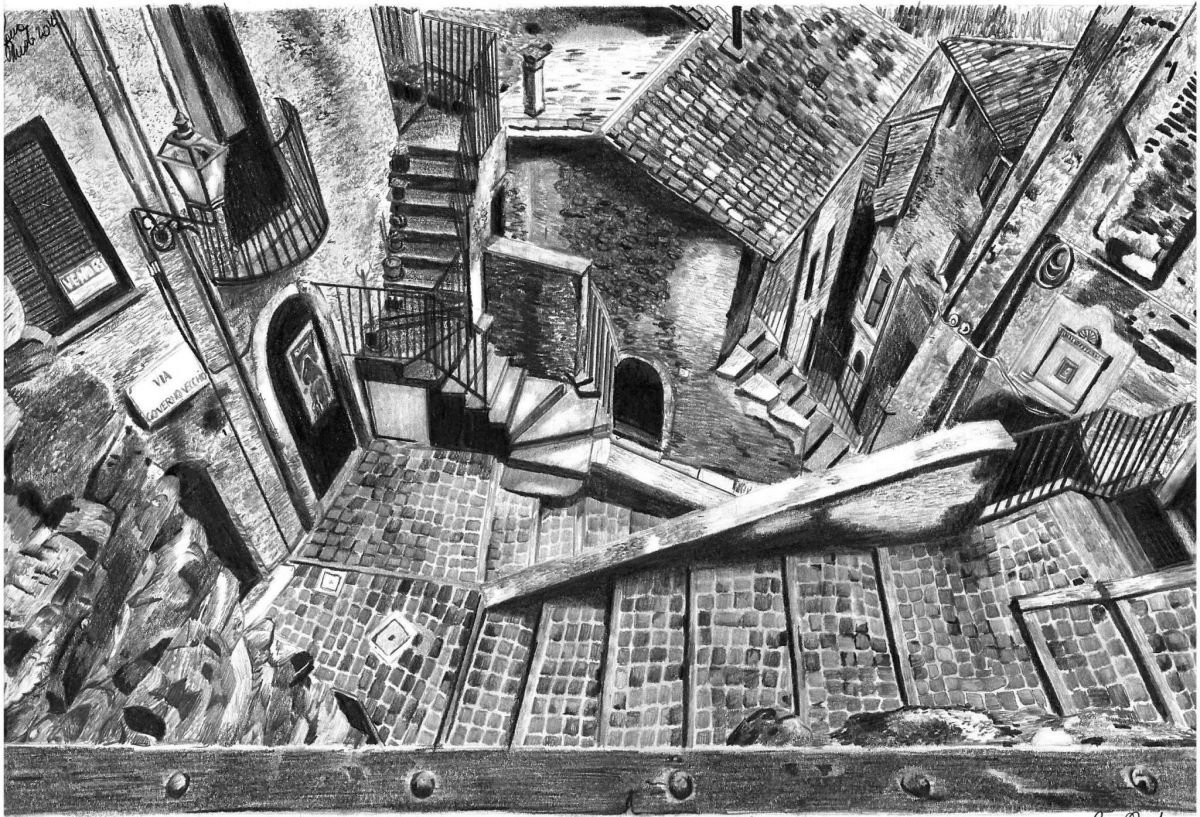 Photorealistic Cityscapes Pencil Drawing By Laura Muolo, 13 X 9", "Le Scalacce", Original Artwork