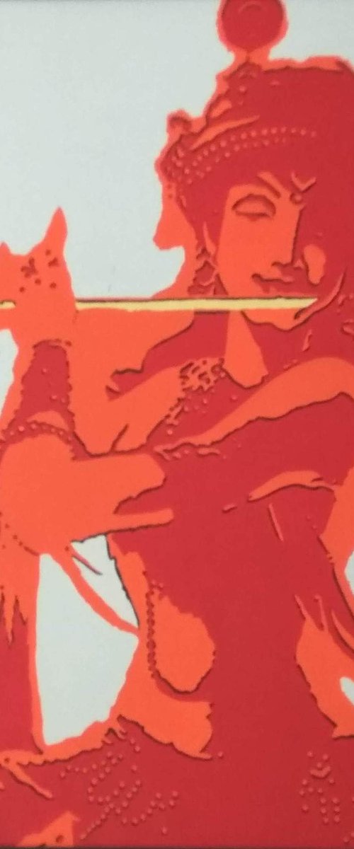 Krishna playing flute in saffron by Sonaly Gandhi