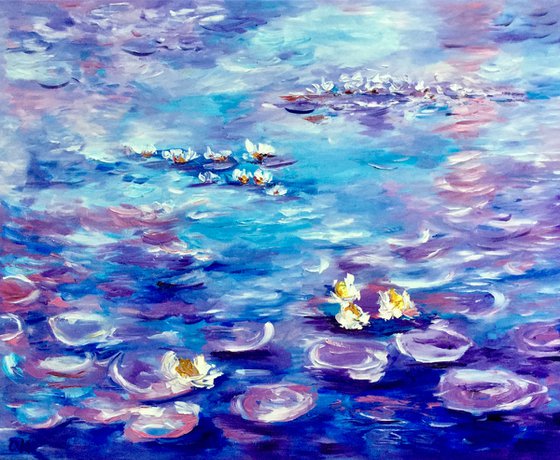 Water Lilies  (81x 66 cm ) inspired by Claude Monet  sunrise in a garden in purple, turquoise, blue sky