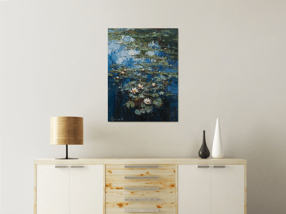 Water Lilies -Pond flowers  Impasto Original Oil painting