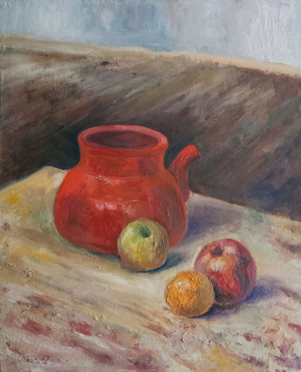 Still Life Oil Painting By Nikola Ivanovic, 16 X 20", The Red Kettle, Original Artwork