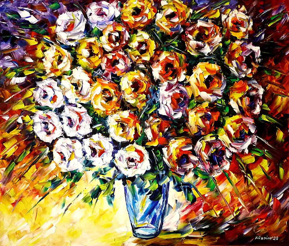 Expressive Botanical Oil Painting By Mirek Kuzniar, 28 X 24", Flowers Of Love, Original Artwork