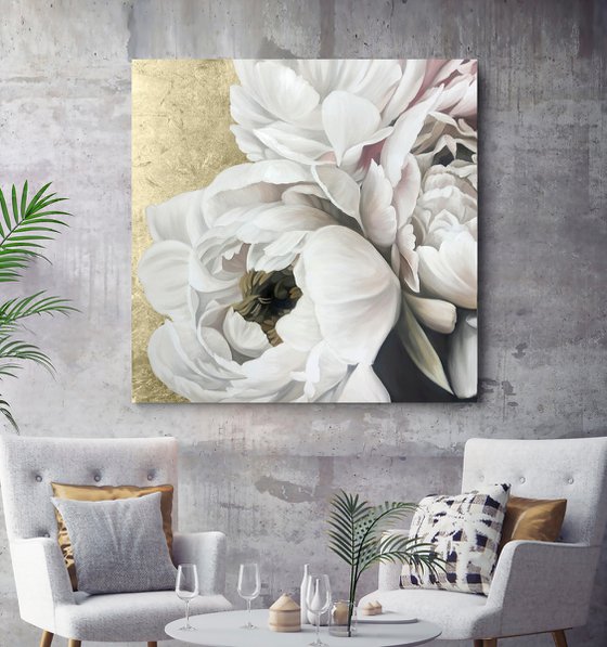 "Golden Silk Peonies" White gold peonies art