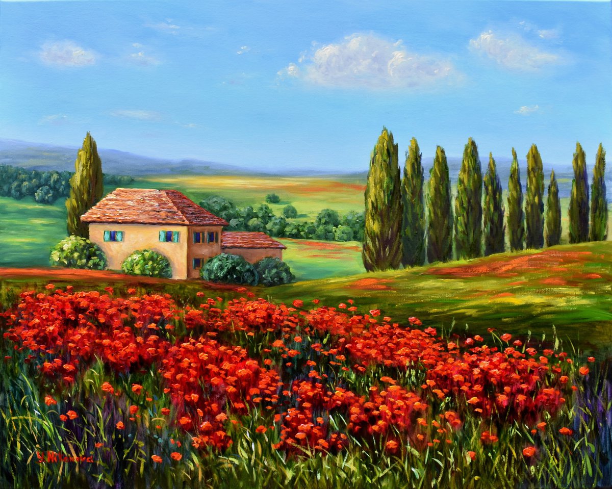 Impressionistic Landscape Oil Painting By Yulia Nikonova, 30 X 24", Poppies, Original Artwork