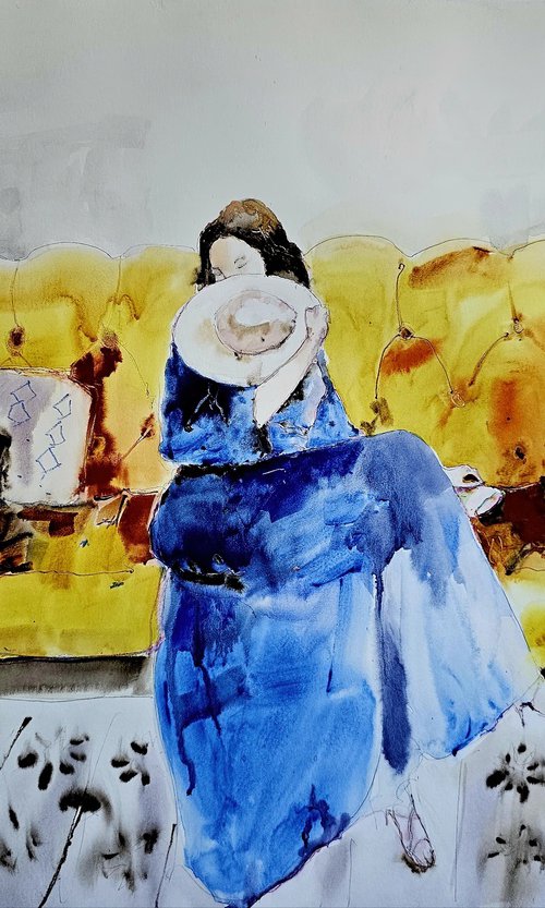Woman in Blue Dress on Yellow Couch by Olga Sova