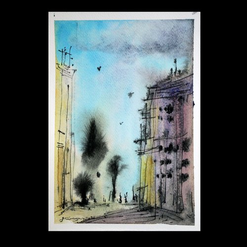 Alleys(3), Watercolor on paper, 17 x 25 cm by Jamaleddin Toomajnia