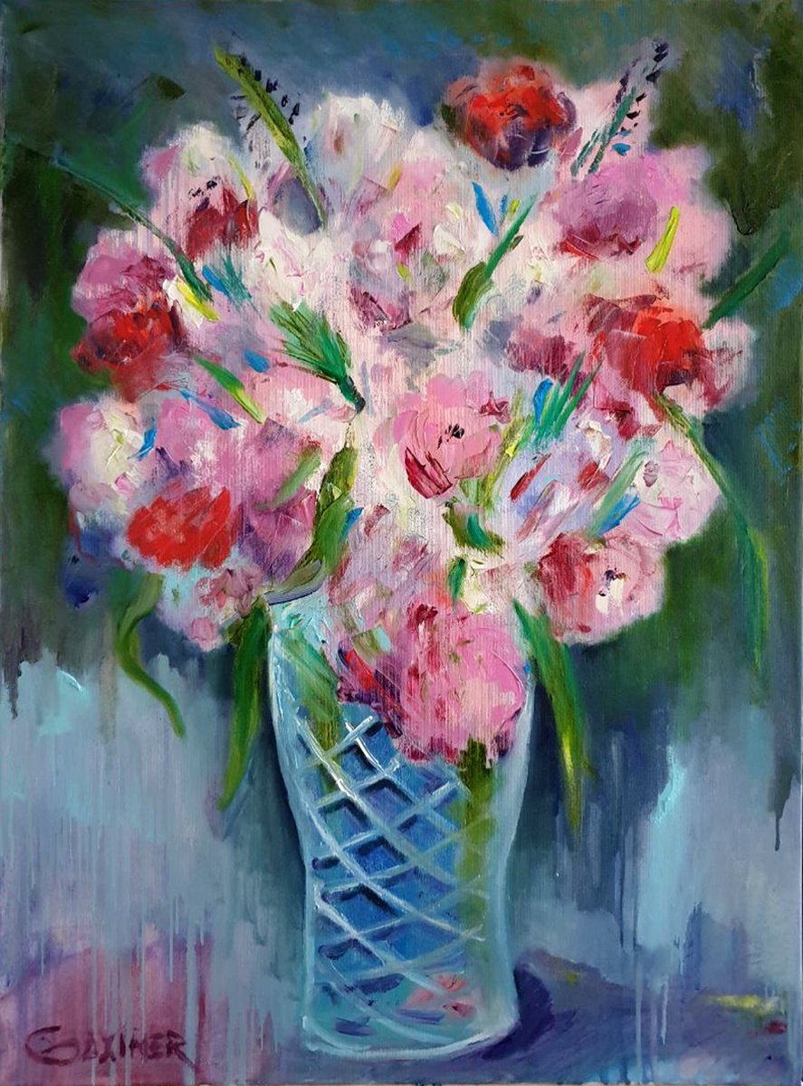 Impressionistic Botanical Oil Painting By Leo Baxiner, 24 X 31", Still Life On Blue, Original Artwork