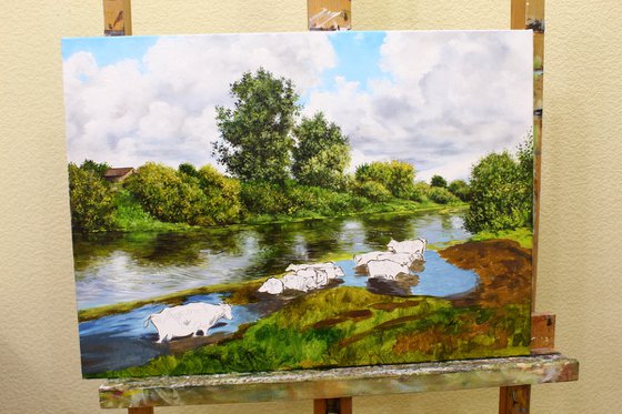 Cattle watering in a river, Pastoral Scene