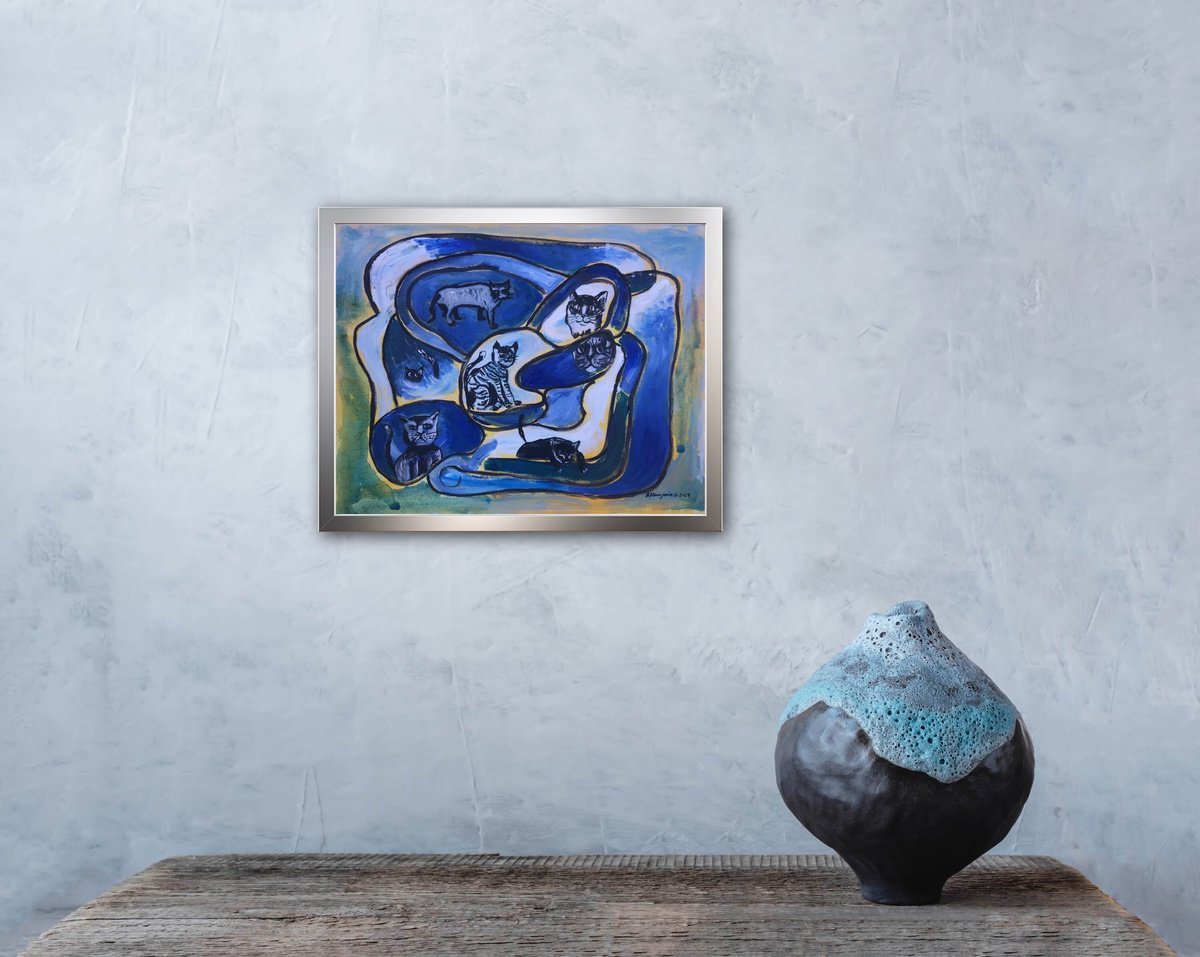 Geometric Animal Oil Painting By Roberto Munguia Garcia, 14 X 11", Cats Roads, Original Artwork