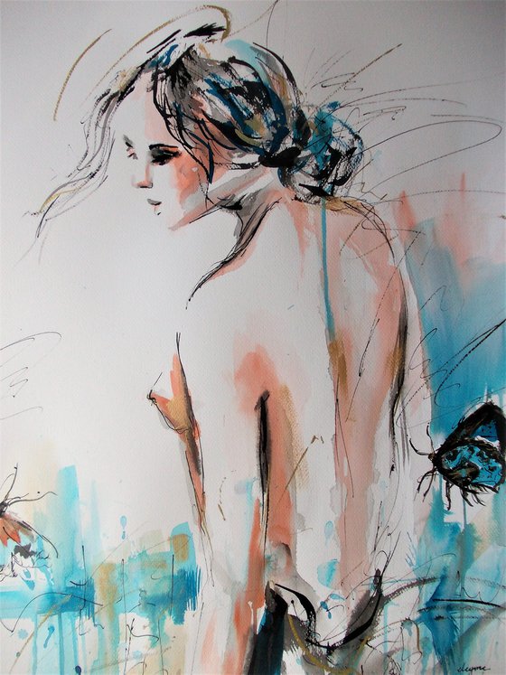 Revelation - Figurative Woman on Paper.Woman Drawing on Paper