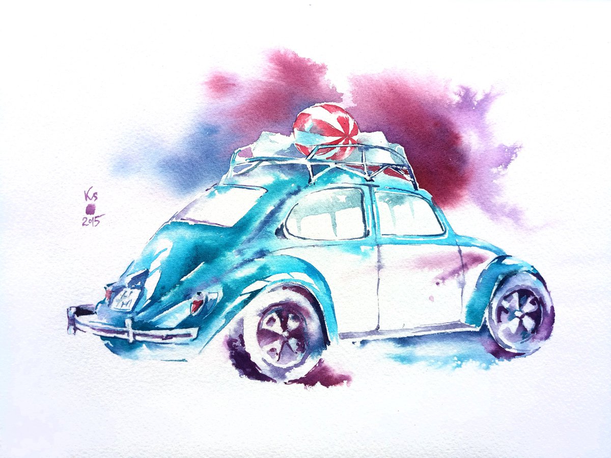 Original watercolor Retro car by Ksenia Selianko