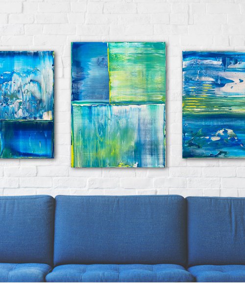 "Just Chillin" - Save As A Series - Original PMS Abstract Acrylic Painting Triptych On Canvas - 50" x 24" by Preston M. Smith (PMS)