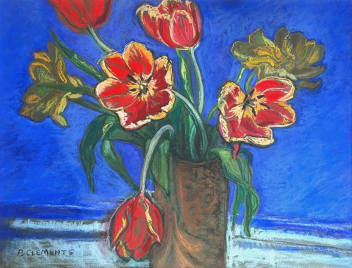 Red Tulips on a blue background by Patricia Clements