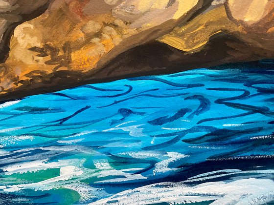 Ocean Gouache Painting, Sea Water Original Artwork, Coastal Wall Art