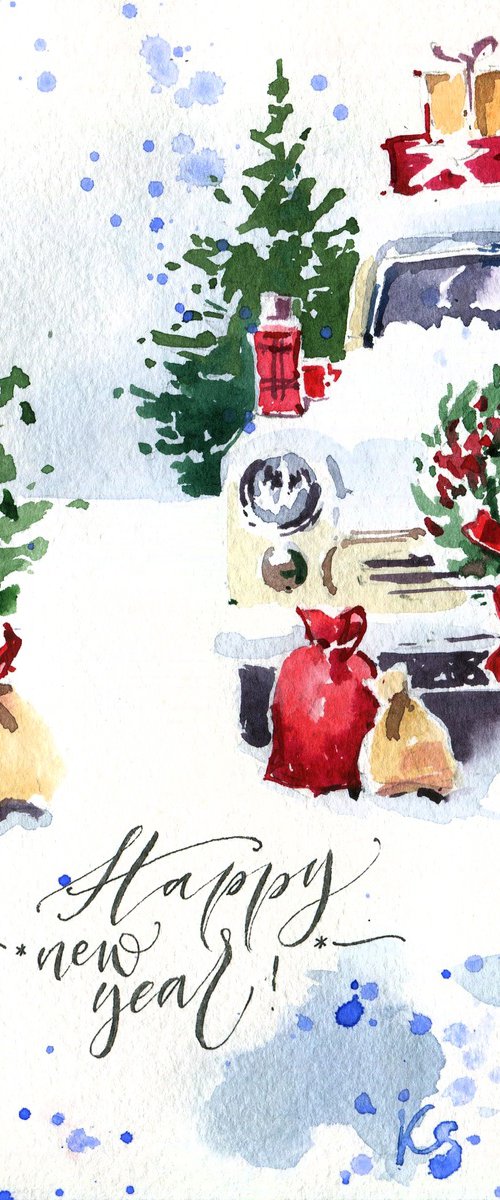 Watercolor New Year's card by Ksenia Selianko