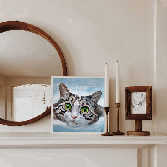 Tabby Cat Painting Pet Original Art Grey Cat Portrait Artwork Funny Animal Wall Art