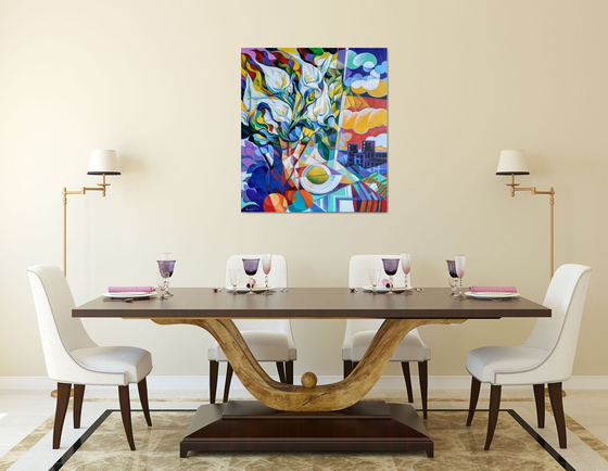 Still life with callas (80x90cm, cubism, oil painting, ready to hang)