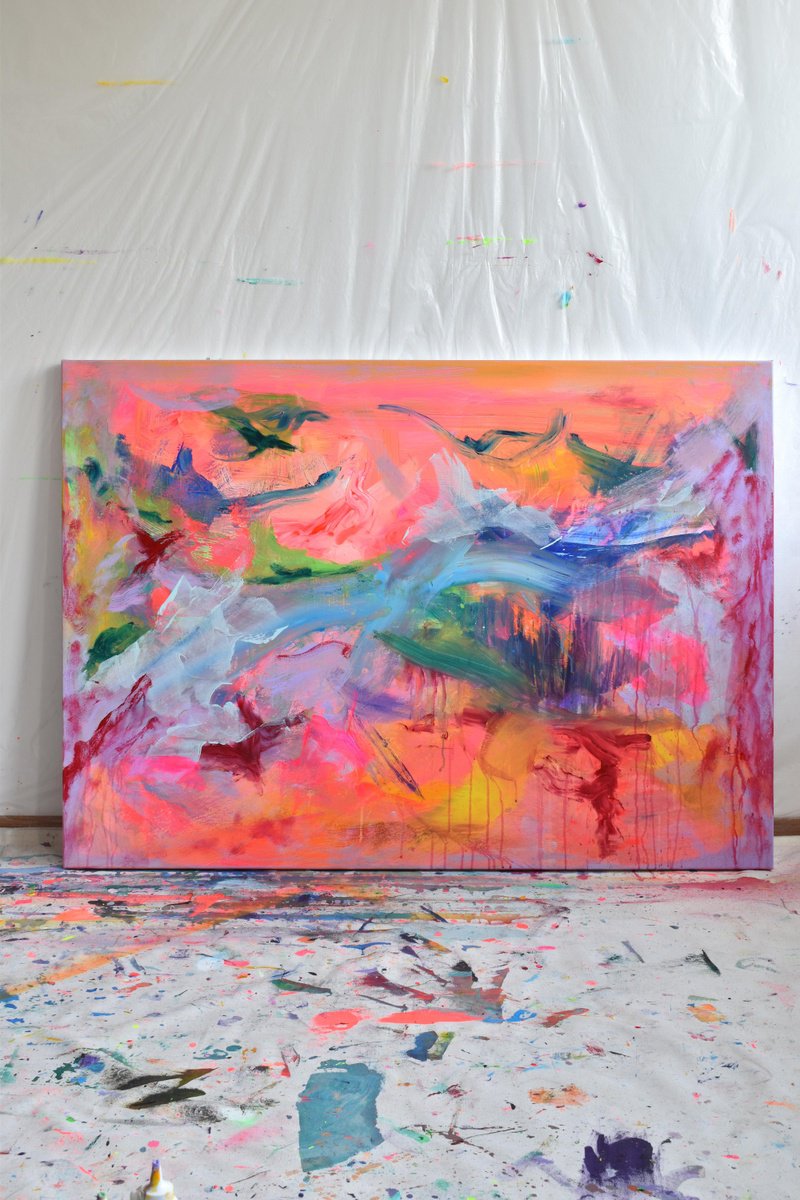 Abstract Acrylic Painting By Sebastian Merk, 55 X 39", Bubble Gum, Original Artwork