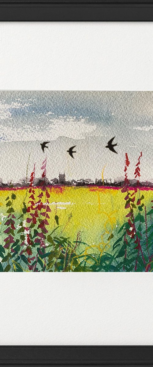 Swallows overhead, distant Church Framed by Teresa Tanner