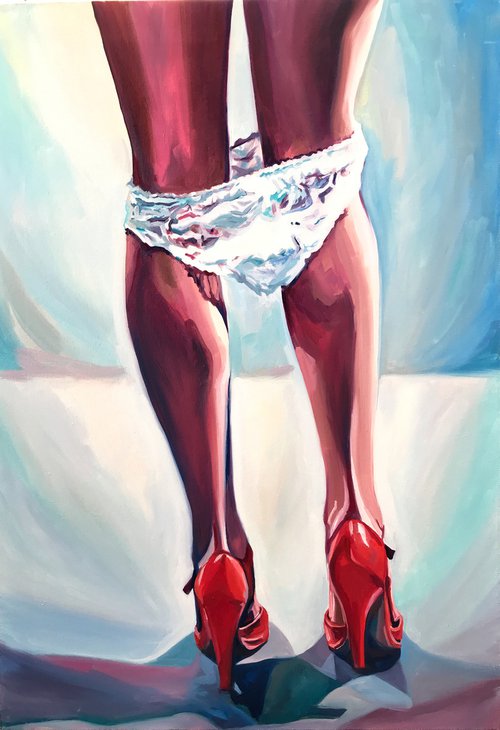 RED HEELS - erotic art original oil painting woman legs underneath red heels pop art office art decor home decor gift idea by Sasha Robinson
