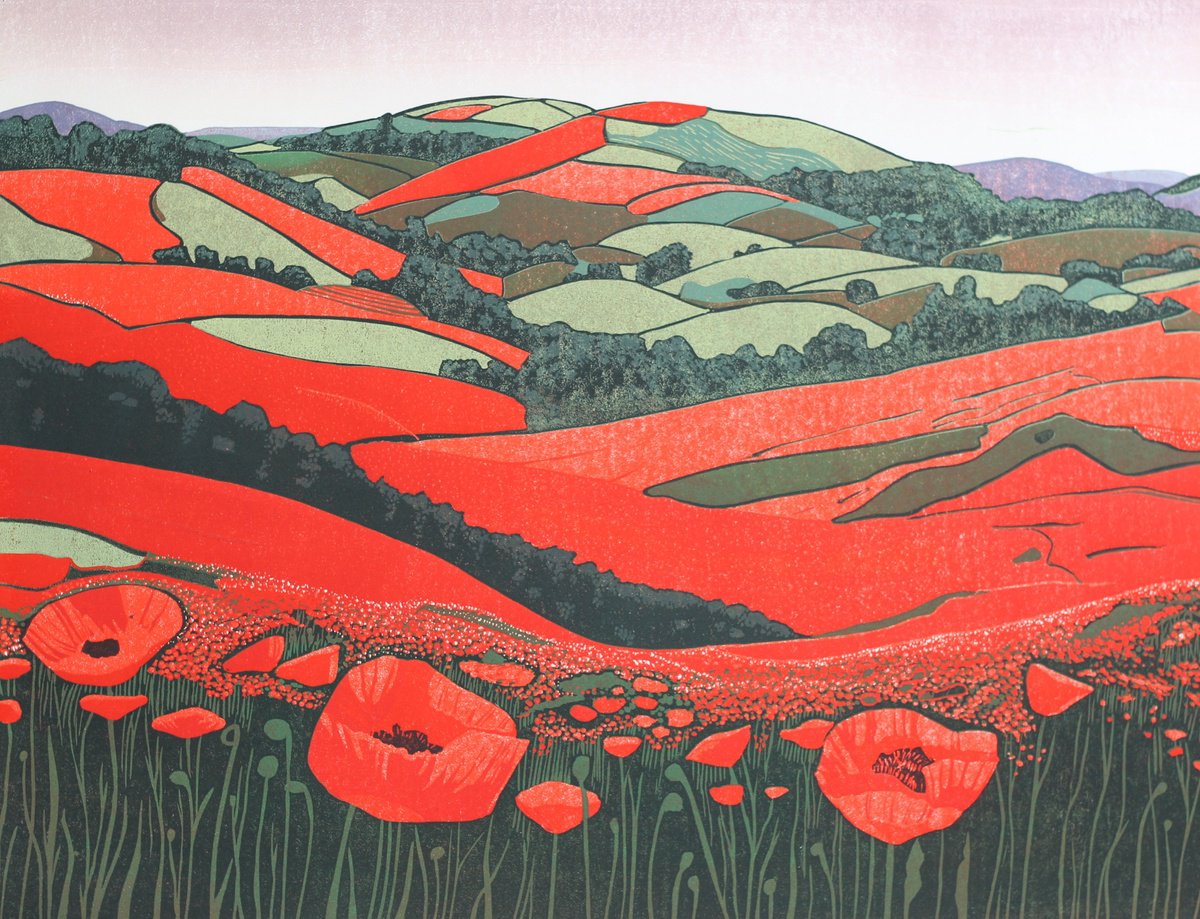 Graphic Landscape Linocut By Layla Khani (Aka Laylart), 19 X 15", Poppies Unveiled - Linocut, Original Artwork