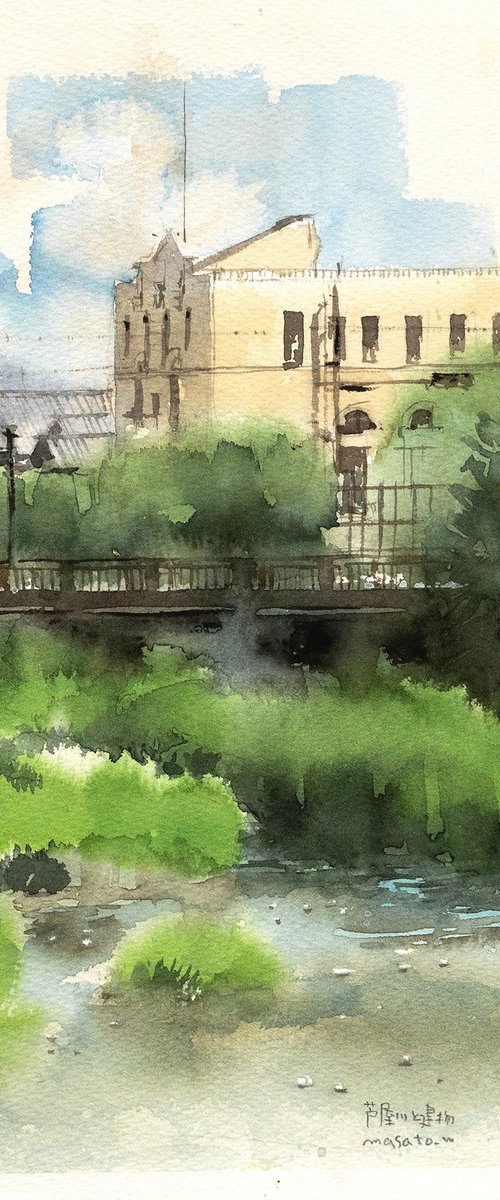 Ashiya River and Building - 20x30cm Sketch by Masato Watanabe