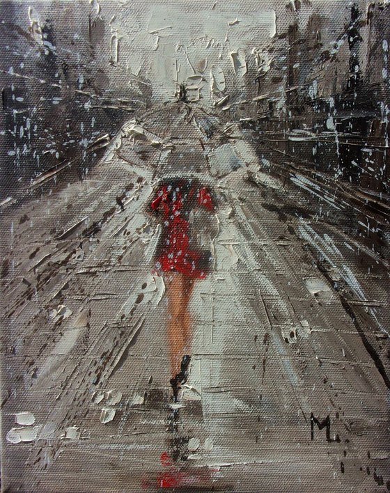 " GIRL IN THE RAIN... " original painting CITY palette knife