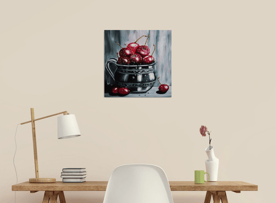 Cherries obsession, still life, fruit, original canvas painting, oil art, wall decor