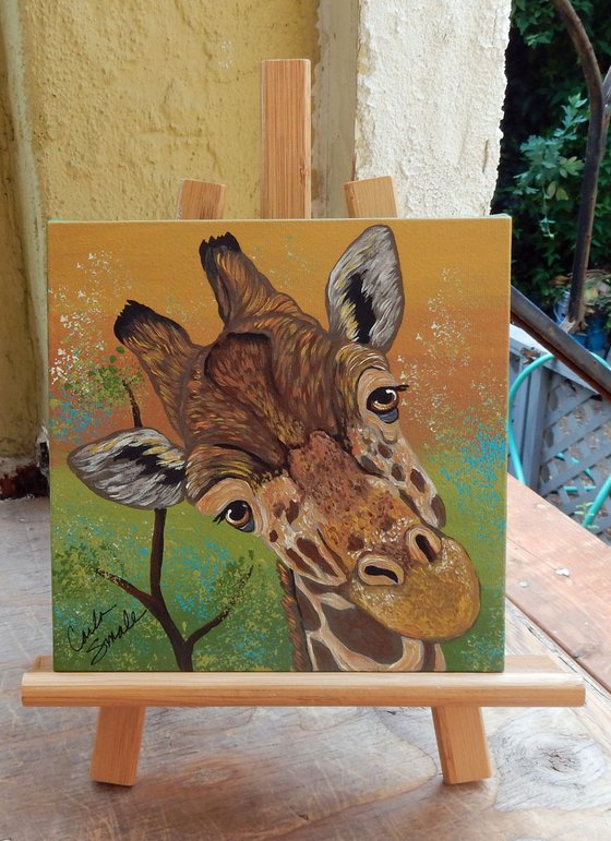 Giraffe Wildlife Original Art Painting-8 x 8 Inches Deep Set Stretched Canvas-Carla Smale
