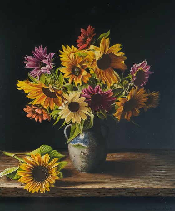 Multicolor sunflowers in a dark atmosphere (55x70cm)