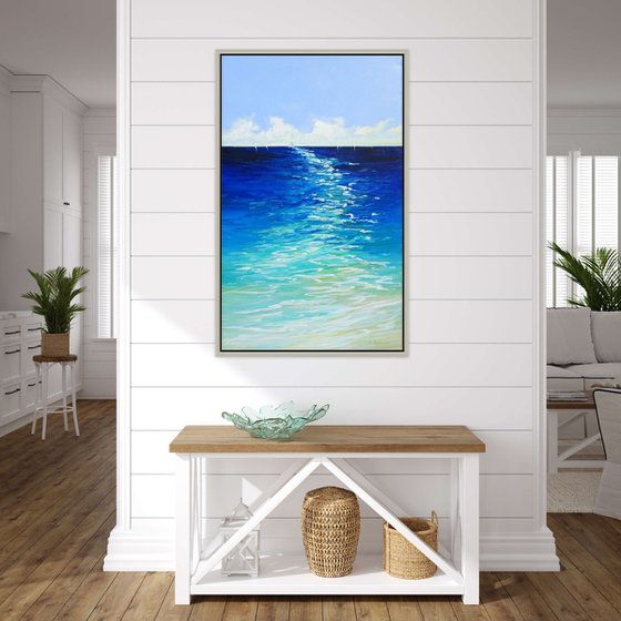 Sailing Boats Seascape Coastal Painting. Beach, Ocean, Sea Waves, Sky with Clouds. Coastal Decor Art.