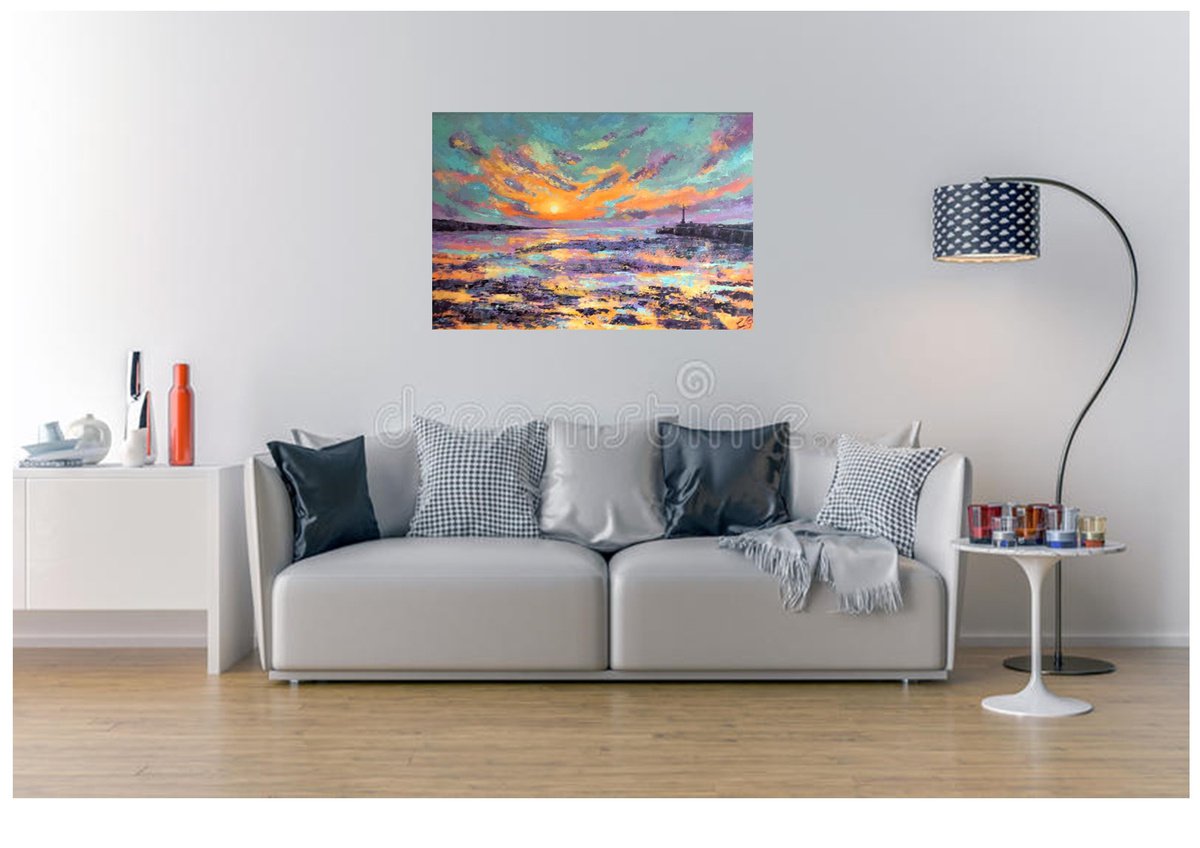 Impressionistic Landscape Acrylic Painting By Colette Baumback, 36 X 24, A Margate Sunset, Original Artwork