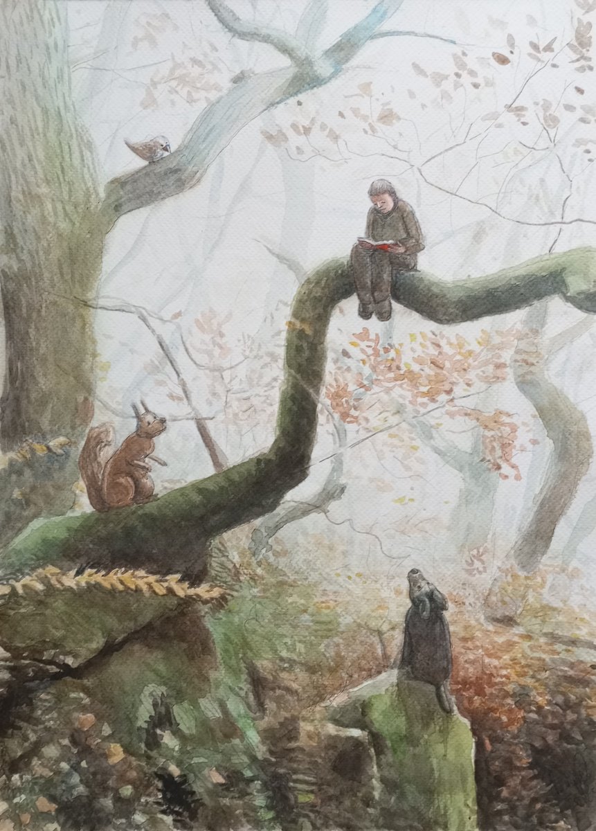 Illustrative Pastel Drawing , Reader On A Branch By Paolo Beneforti, 12 X 17, Artwork For Sale On Artfinder