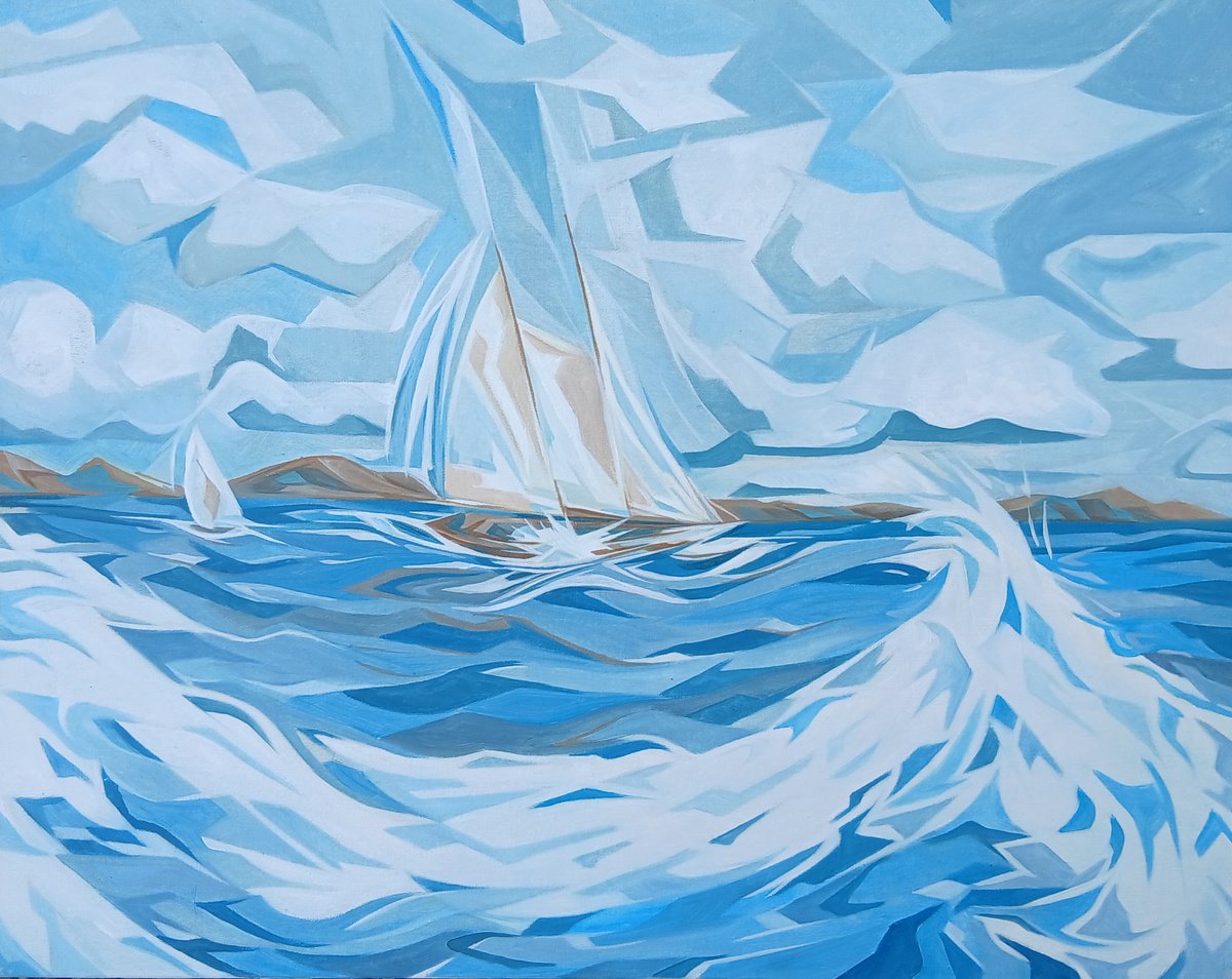 Geometric Landscape Oil Painting By Andrew Clayton, 30 X 24, Coastal Sailing, Original Artwork