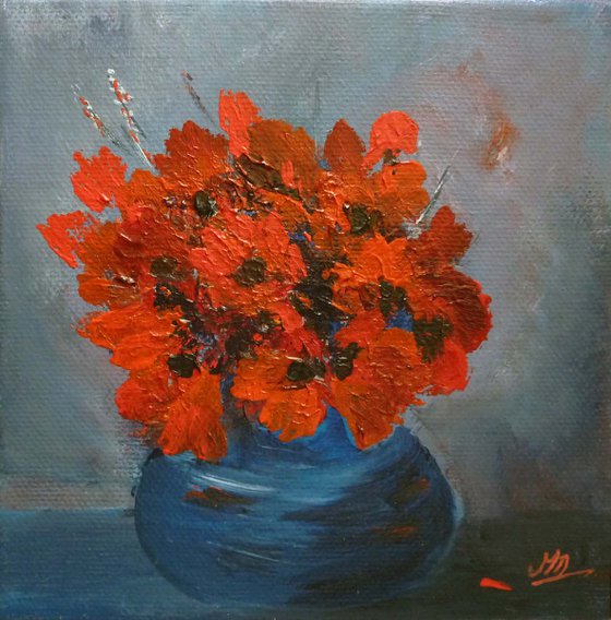 A Blue Bowl of Red Poppies