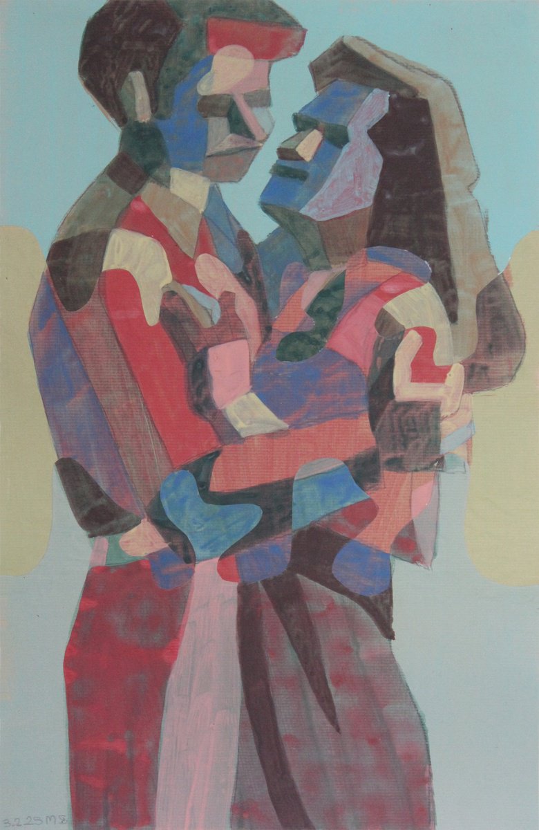 Expressive Portrait Acrylic Painting By Martin Singer, 16 X 25", Couple #14, Original Artwork