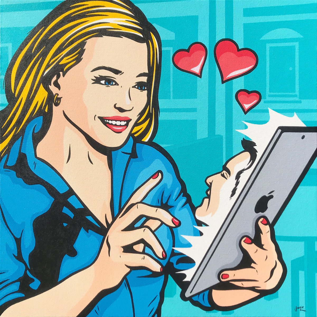 Urban And Pop Portrait Acrylic Painting By Jamie Lee, 24 X 24, Swipe Right, Original Artwork