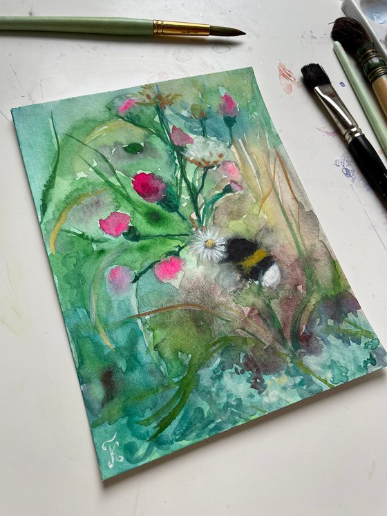 Bee Original Watercolor Painting, Bumble Bee Artwork, Summer Wall Art, Cottagecore Aesthetics