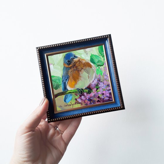 Blue bird painting original in oil 4x4 framed, Eastern Bluebird chick art miniatures painting, Nursery wall art green birdie