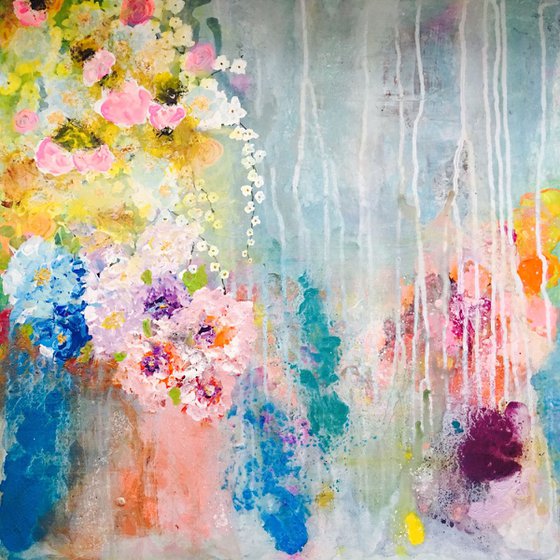 Impressionistic flowers "Love is all around" blue pink yellow m