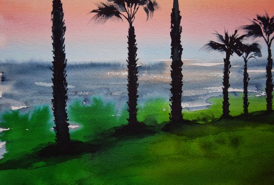 Palms Watercolour Painting, Sea Beach Original Art, Coastal Wall Decor