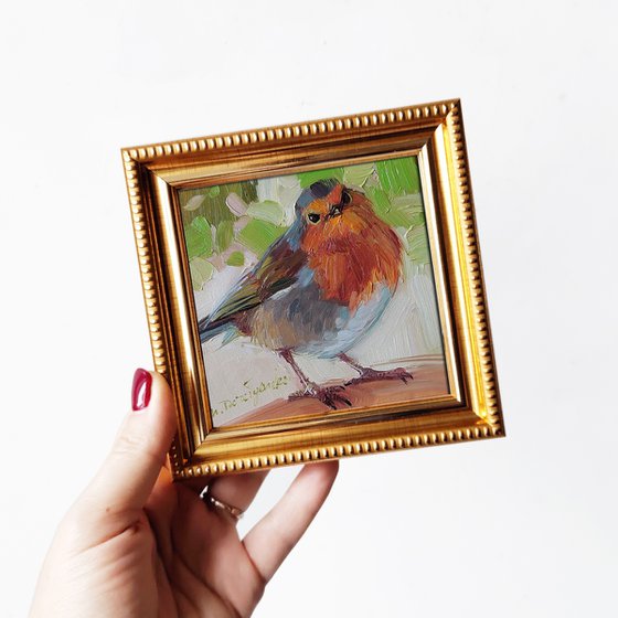 Robin bird oil painting original birding artwork, Miniature framed art