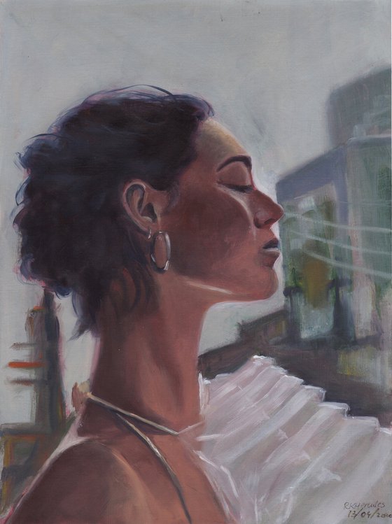 painting of female fashion models oil on paper woman in city