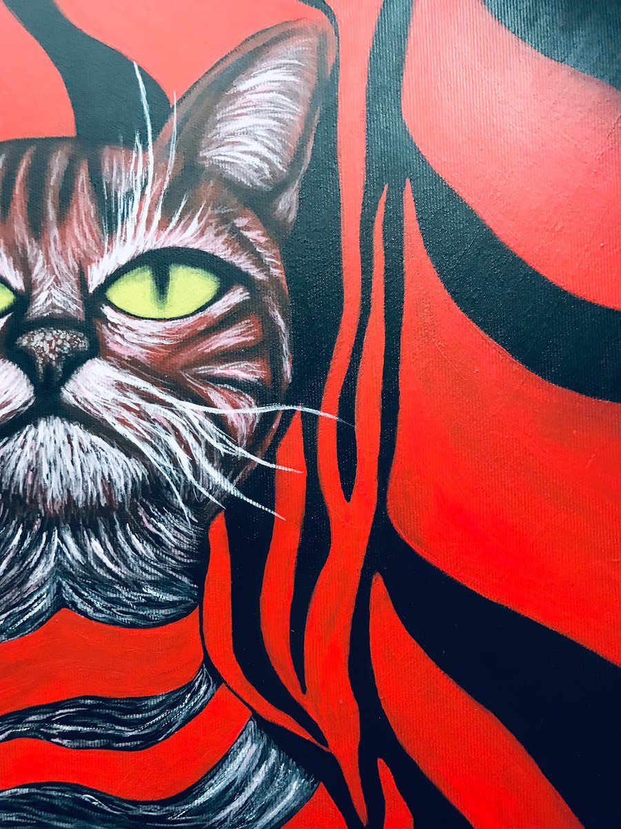 Urban And Pop Animal Acrylic Painting By Christina Bilbili, 24 X 31, Illusion Cat, Original Artwork