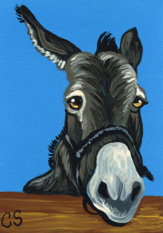 ACEO ATC Original Painting Donkey Farmyard Animal Pet  Art-Carla Smale