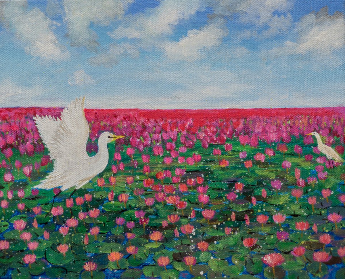 Expressive Landscape Acrylic Painting By Amita Dand, 10 X 8, Water Lilies Lake!, Original Artwork