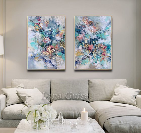 Flowers painting 48" x 36" Abstract Flower Art, Set of Two Paintings, Multi Panel Abstract, ORIGINAL Painting, Gold Leaf Painting, Black and Gold, Large Art