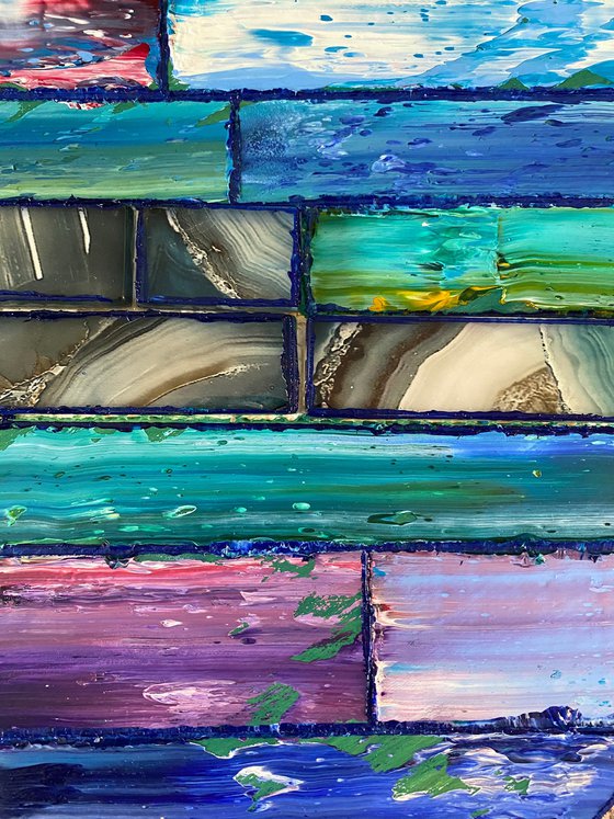 "I Wanna Be Like You" - Original PMS Assemblage Sculptural Painting Diptych On Wood and Marbled Glass Backsplash Tile - 44 x 24 inches